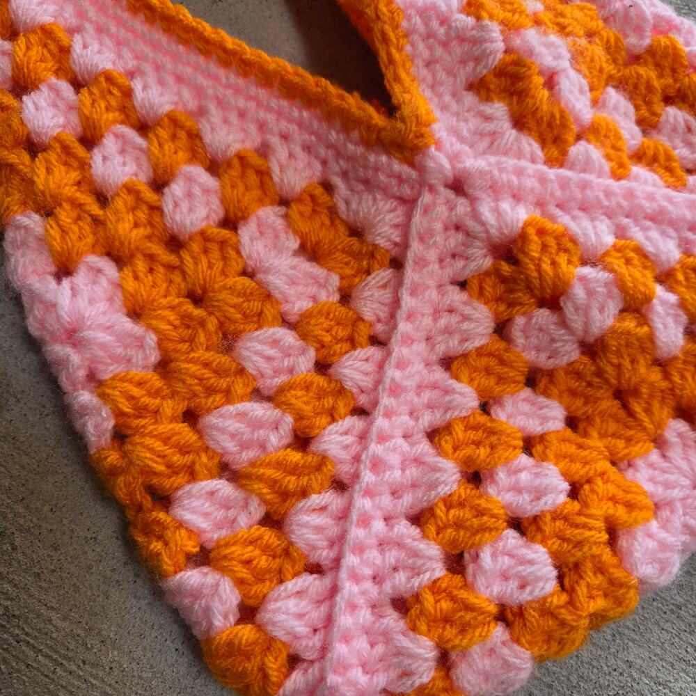 Crochet Purse Shoulder Bag Retro Mod Orange Pink Psychedelic Market Tote Boho - Picture 3 of 4